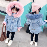 Winter Autumn Girls Jackets Baby Coats Fur Collar Plus Velvet Thick Denim Children Outerwear Kids Clothes HPY040