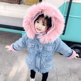 Winter Autumn Girls Jackets Baby Coats Fur Collar Plus Velvet Thick Denim Children Outerwear Kids Clothes HPY040