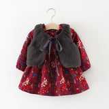 Winter Baby Infants Girls Kids Children Faux Fur Fleece Waistcoat Vest+Vintage Princess Long Sleeve Dress Vestido 2pcs Set S5942