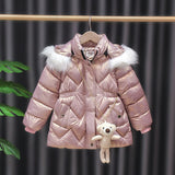 Winter Children's Clothing Hooded Cotton Parka For Girls Baby Thick padded jacket With Cartoon Bear Doll mid-length Warm Coat 3T