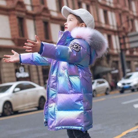 Winter Cute Girl Down Jacket Long Girl4-15 Years Old Children's Bright Face Clothes with Fur Collar Warm Parka Thick Hooded Coat