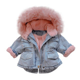 Winter Denim Jackets Kids Baby Girl Hooded Coat Fur Fleece Velvet Full Sleeve Warm Thick Coats 1-6years Children Outwear Clothes