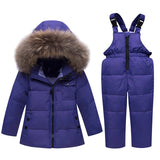Winter Girl's Down Jackets baby boy coats Kids Snowsuits real Fur Children's down Outerwear ski suits Coat+suspender trousers