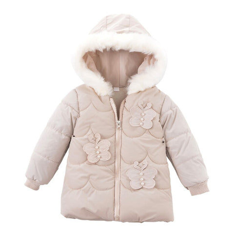 Winter Girls&#39; Warm Jacket Pure Color Hooded Butterfly Decoration Children&#39;s Cotton Jacket 1-3 Years Old
