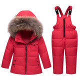 Winter Girls Clothing Sets Ski Suit Boys Fur Hooded Clothes Down Girl Jacket Coat+ Jumpsuit Set Warm Outerwe Kids Baby Overall