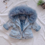 Winter Girls Warm Down Jacket Plus Velvet Kids Denim Coat Children's Padded Parka Fur Collar Baby Girls Hooded Outerwear