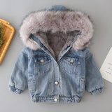 Winter Girls Warm Down Jacket Plus Velvet Kids Denim Coat Children's Padded Parka Fur Collar Baby Girls Hooded Outerwear