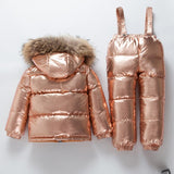 Winter Kids Snowsuit Waterproof Warm Gold Down Jacket + Overalls Girl Ski Suit 1-6 Years Baby Silver Parka Coat Jumpsuit