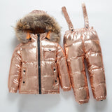 Winter Kids Snowsuit Waterproof Warm Gold Down Jacket + Overalls Girl Ski Suit 1-6 Years Baby Silver Parka Coat Jumpsuit