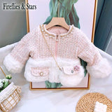 Winter Warm Girls Padded Coat Baby Outwear Kids Brand Coat Children Thick Clothes Check Fake Fur Pearl Bag 2 To 14 Yrs