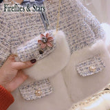 Winter Warm Girls Padded Coat Baby Outwear Kids Brand Coat Children Thick Clothes Check Fake Fur Pearl Bag 2 To 14 Yrs