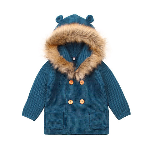 Winter Warm knitted wool baby jacket with Detachable fur collar great cardigan Knitwear for  born infant  baby age 0-2 years