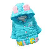 Xmas Baby Winter Warm Outwear Girls Bunny Ear Hoodie Lovely Clothes Cartoon Flocking Cotton-padded Jacket Button Coat