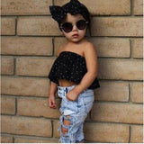 dropshipping Children Clothing kid girl Summer Casual Headband+Off Shoulder Tee tops+Ripped Jeans 3pcs Sets Toddler Girl Clothes