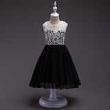 european-children-clothing small beauty   children clothes kids girl party appliqued lace flowers baby black and white dress