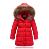 for 4-12Years Children White Duck Down Jackets hooded long Boys girls Fur Coll coats high quality kids casual winter outwear