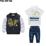 boy 3 piece suit autumn style coat+ t shirt + jeans clothes set baby boy clothes high quality sports suit