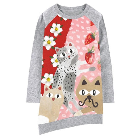 girls dress Long sleeve Girl clothing Strawberry cat Fashion Kids Baby Dresses bibs Print Children Dress Designer Kids