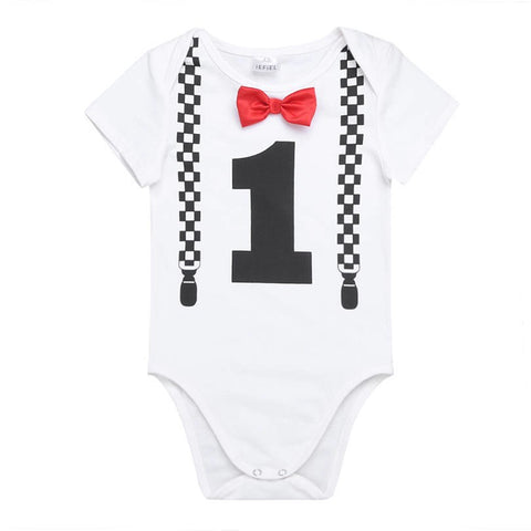 Infant Baby Boys Short Sleeves 1ST First Bowknot Birthday Party Gentleman Romper Jumpsuit Newborn Clothes Size 12-24M
