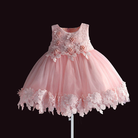 born baby girl dress pink lace baby wedding party ball gown pearl sleeveless girls christmas clothes vestido infantil 6M-4Y